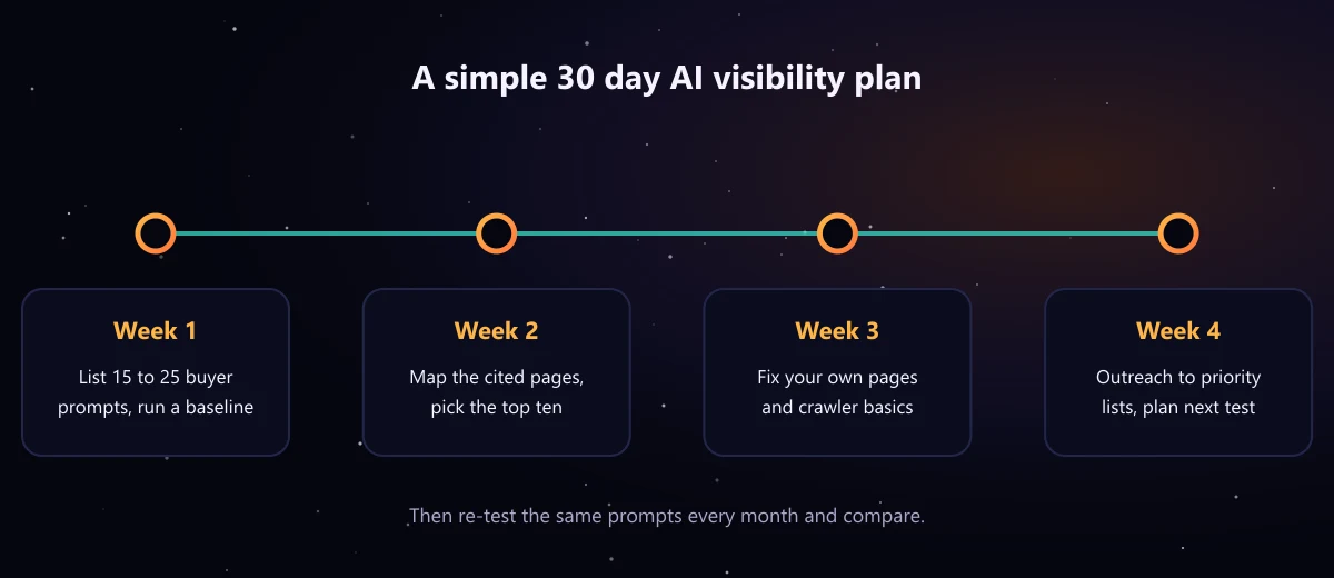 Timeline of a 30 day plan: week 1 list buyer prompts and run a baseline, week 2 map cited pages, week 3 fix your own pages and crawler basics, week 4 outreach to priority lists.